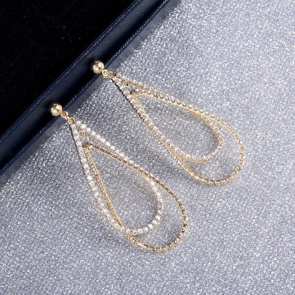 NEW Gold Round Diamond Double Tear Drop Earrings - Picture 4 of 9